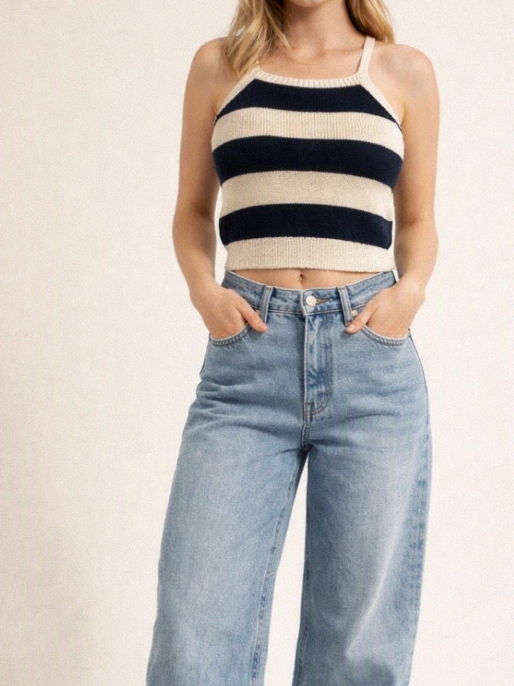 Zara Striped Knit Crop Tank — Navy and Cream